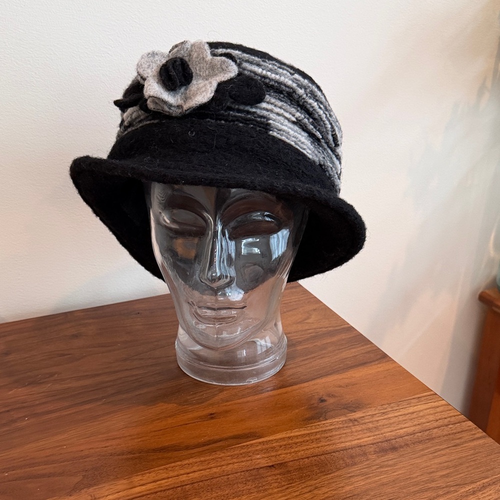 Bordoni Black and Gray Women's Cloche Hat with Floral Accent.  One size.
